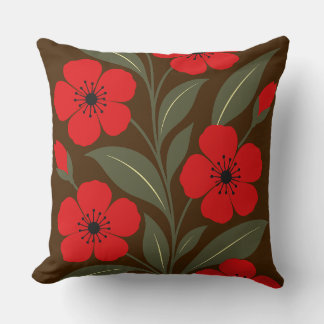 Coussin Fleurs rouges avec feuilles vert olive