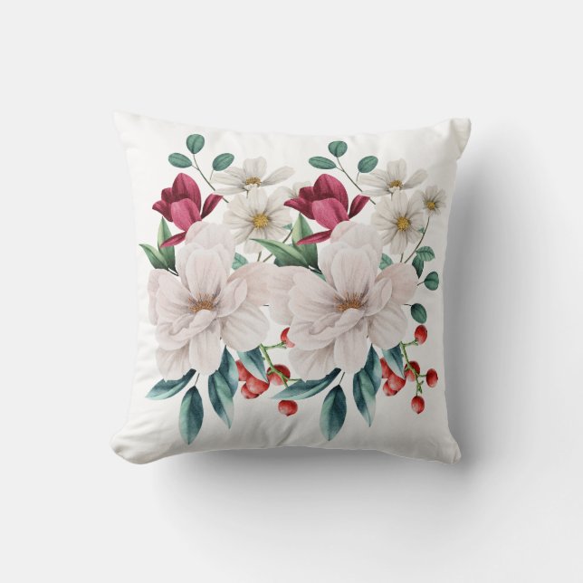 Coussin Fleurs rouges blanches Fleurs verdure Baies rouges (Recto)