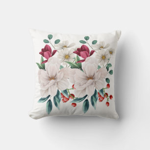 Coussin Fleurs rouges blanches Floral Greenery Berries rou
