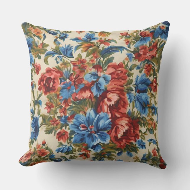 Coussin Fleurs rouges et bleues italiennes avec Feuilles l (Recto)