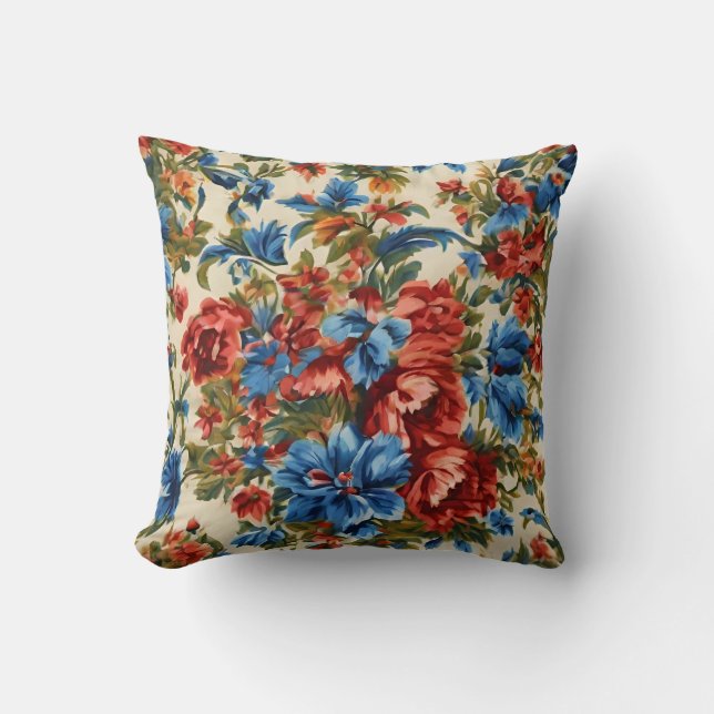 Coussin Fleurs rouges et bleues italiennes avec Feuilles l (Recto)