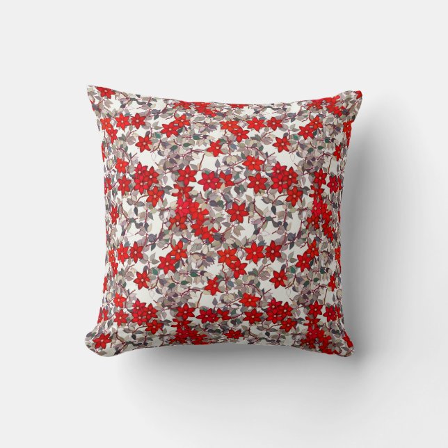 Coussin Fleurs rouges et feuille de gris argenté (Recto)