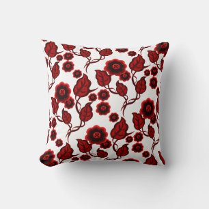 Coussin Fleurs rouges, feuille rouge, art populaire floral