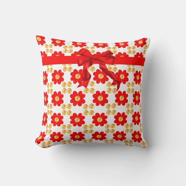 Coussin Fleurs rouges & ruban avec points dorés sur blanc (Recto)