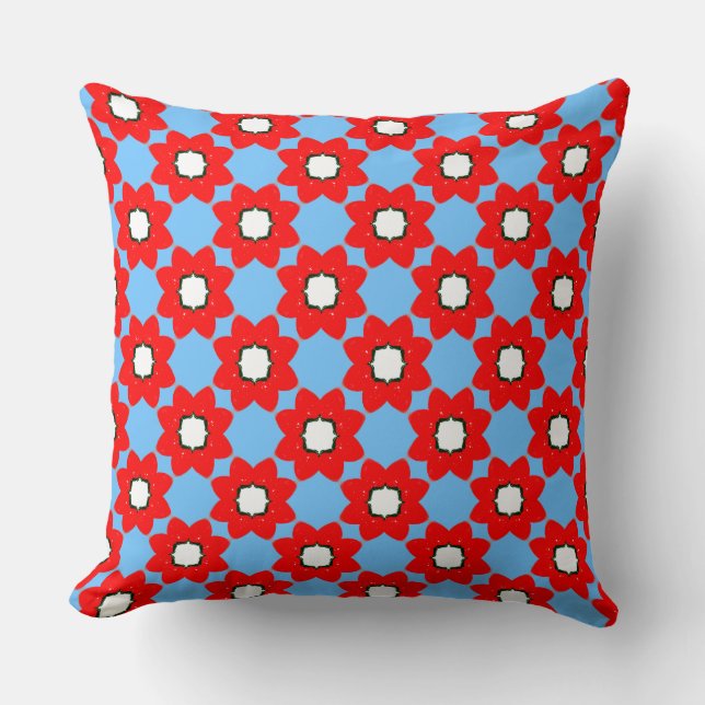 Coussin Fleurs Rouges Sur Bleu De Glace (Recto)