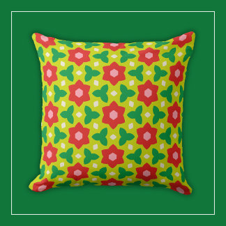 Coussin Fleurs rouges sur fond floral géométrique vert cit
