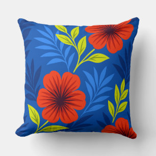 Coussin Fleurs rouges vermillon audacieuses avec des feuil