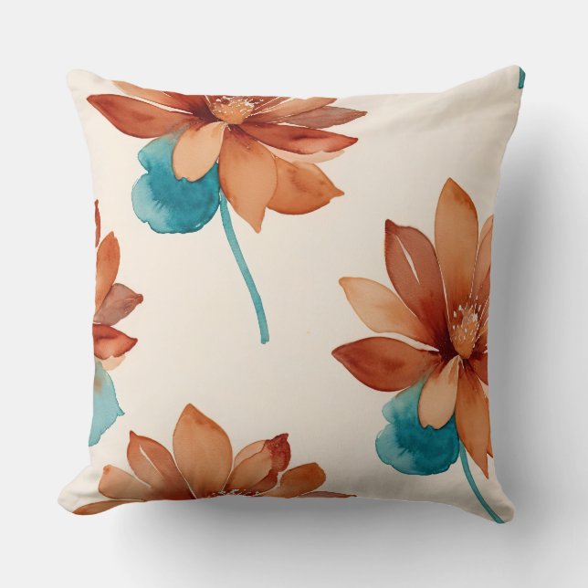 Coussin Fleurs rouilles, turquoise et beige (Recto)
