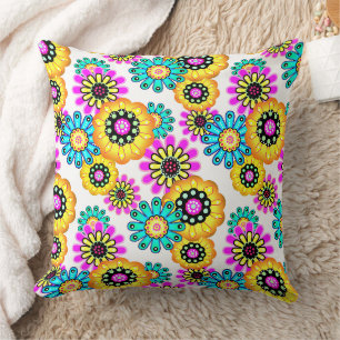 Coussin Fleurs rustique rétro jaune et turquoise