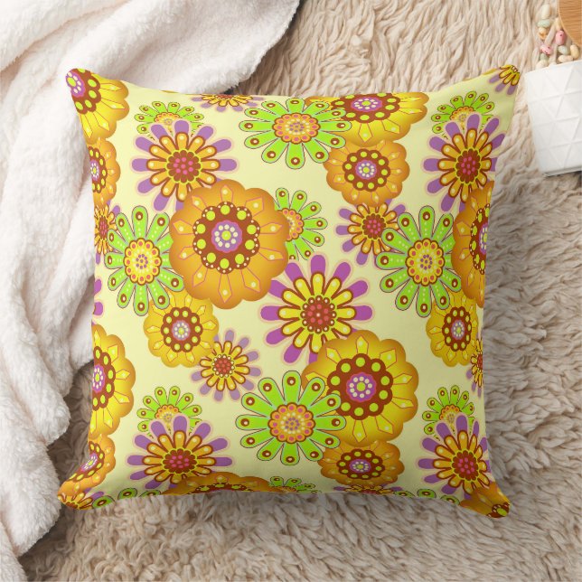 Coussin Fleurs rustique rétro jaune et vert (Couverture)