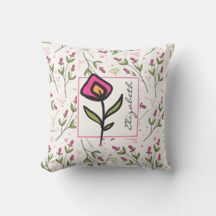 Coussin Fleurs sauvages à longue tige rose et vert Personn