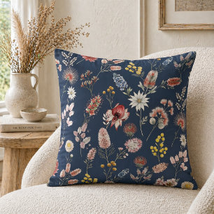 Coussin Fleurs sauvages aquarelles romantiques bleu poussi