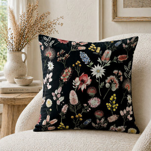 Coussin Fleurs sauvages aquarelles romantiques noires et l