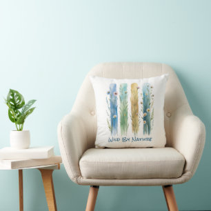 Coussin Fleurs sauvages Pinceau Traits Aquarelle Bleu Vert