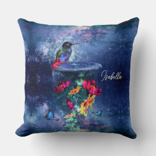 Coussin Fleurs tropicales, colibri, papillon et étoiles