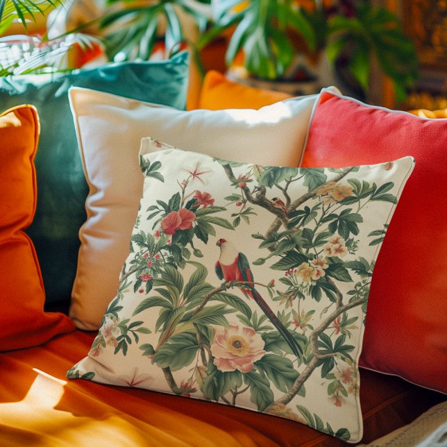Coussin Fleurs tropicales colorées Oiseaux (Créateur téléchargé)