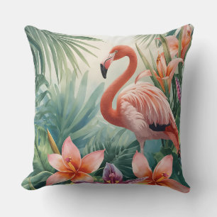 Coussin Fleurs tropicales et flamant rose