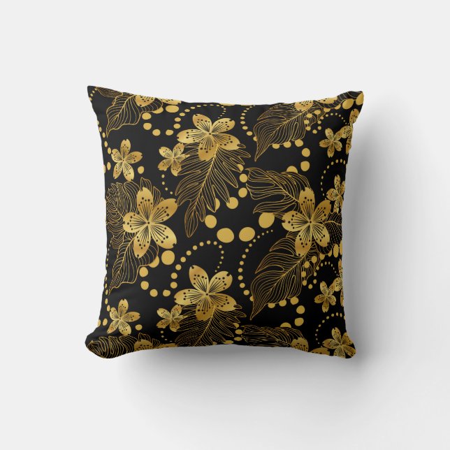 Coussin Fleurs tropicales noires et dorées et motifs feuil (Recto)
