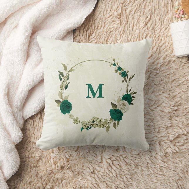 Coussin fleurs vert émeraude beige  (Couverture)