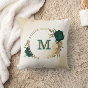 Coussin fleurs vert émeraude et or beige