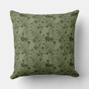 Coussin fleurs vert olive et spirales motif abstrait