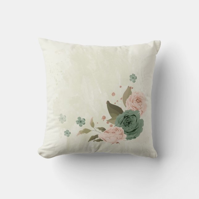Coussin fleurs vert sauge rose blush (Recto)