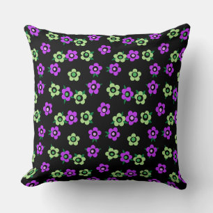 Coussin Fleurs vertes violettes sur fond noir rétro