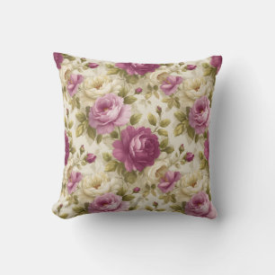 Coussin Fleurs Vintage Botanique Rustique Rose et Crème