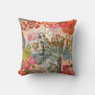 Coussin Fleurs Vintage Hula Coloré Hawaïen Tropical