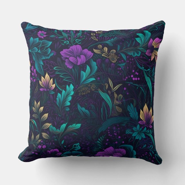 Coussin Fleurs violettes et Feuilles Turquoises (Recto)
