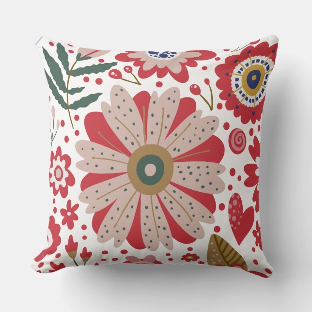 Coussin Fleurs vives, Rouge, Beige, Vert (Recto)