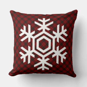 Coussin Flocon de neige blanc sur un motif de tartan rouge