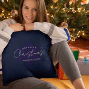 Coussin Flocon de neige de Noël le plus joyeux bleu marine