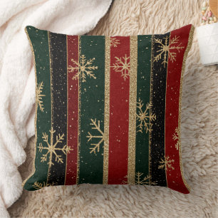 Coussin Flocons de neige en or pailleté sur rayures rouges