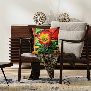 Coussin Floral asiatique en rouge vif et vert