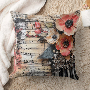 Coussin Floral avec touches de piano rustique et feuille d