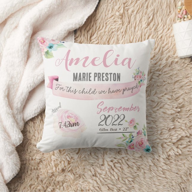 Coussin Floral Baby Girl Aquarelle Statistiques de naissan (Couverture)