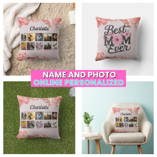 Coussin Floral Best Mom Ever Script Mère's Photo Collage