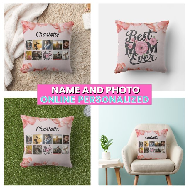 Coussin Floral Best Mom Ever Script Mère's Photo Collage (Floral Best Mom Ever Script Mother's Photo Collage Throw Pillow)