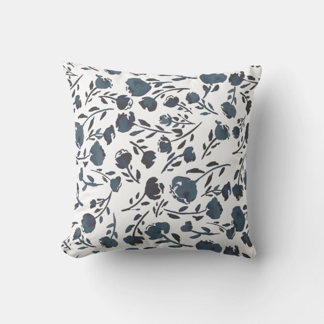 Coussin Floral blanc et bleu Monogramme facultatif (Recto)