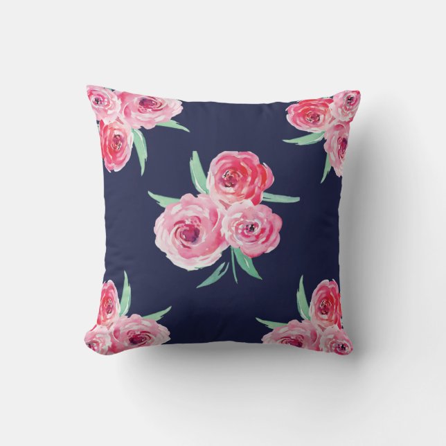 Coussin floral bleu rose et marine (Recto)