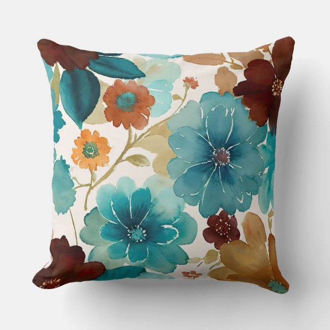 Coussin Floral bleu turquoise, rouge, rouille et bronze (Recto)