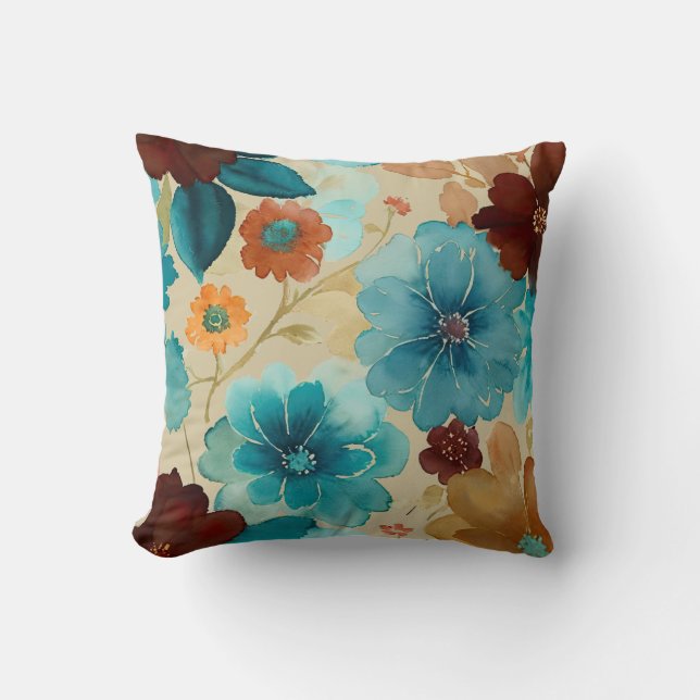 Coussin Floral bleu turquoise, rouge, rouille et bronze (Recto)