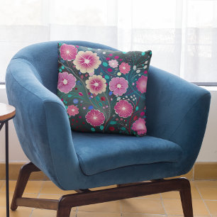 Coussin Floral bordeaux profond rose turquoise Lisse oreil