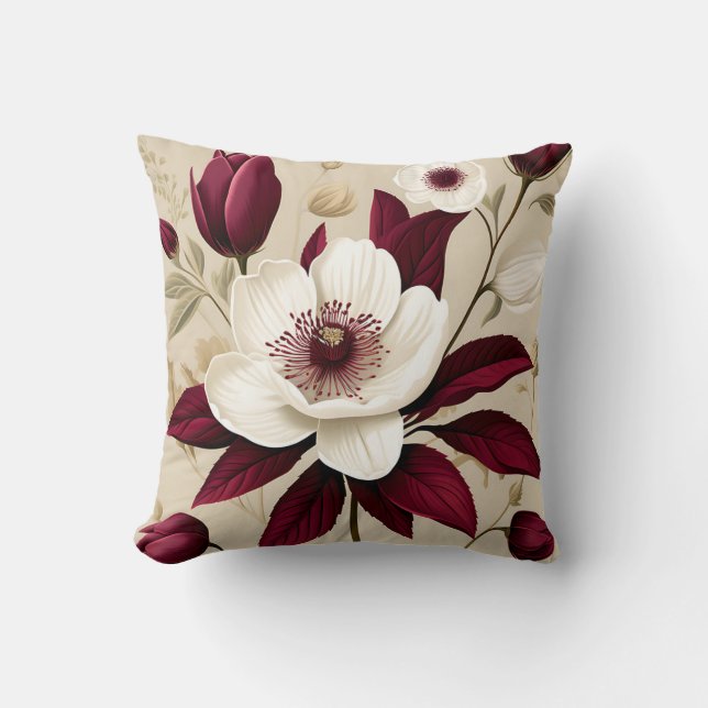 Coussin Floral Bourgogne Plante Botanique (Recto)