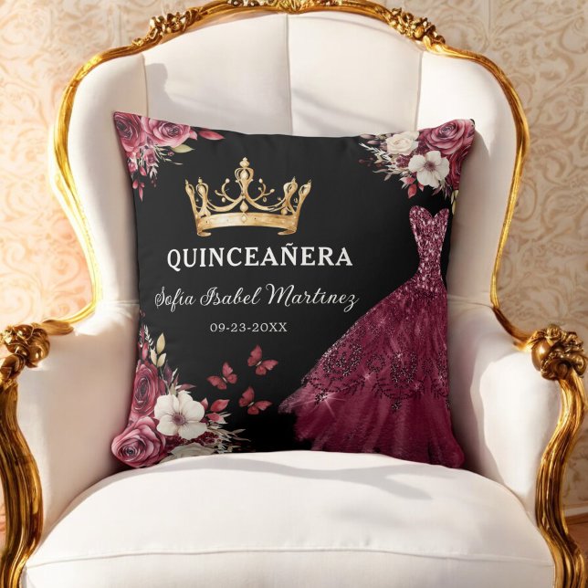 Coussin Floral Bourgogne Princesse Quinceanera Anniversair (Créateur téléchargé)