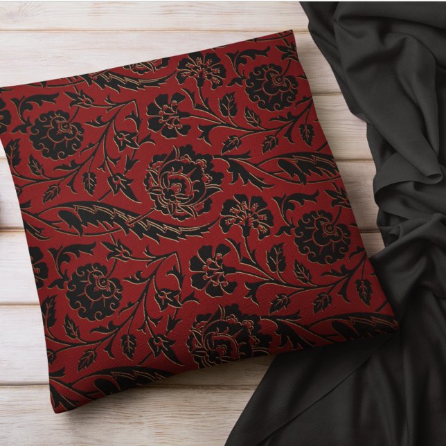 Coussin Floral Bourgogne Rouge Fleurs noires Bohème Damas (Créateur téléchargé)