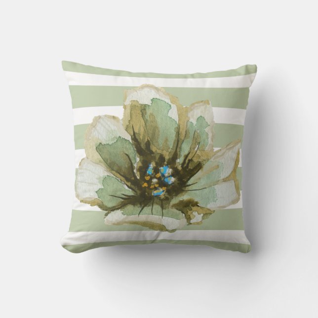 Coussin floral d'aquarelle rayée verte et grise (Recto)