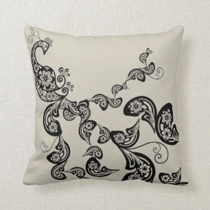 Coussin floral d'art noir de motif de paon d'art
