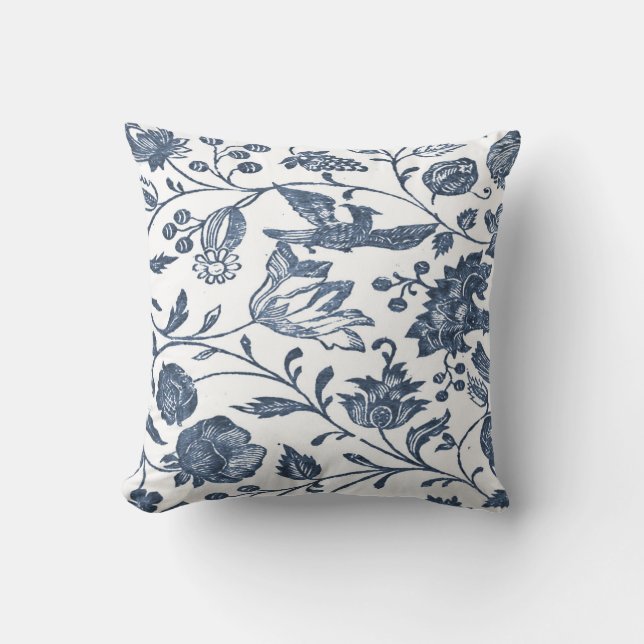Coussin floral de bois de graveur de bleu d'indigo (Recto)